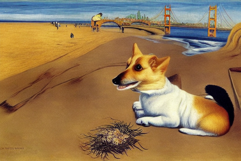 Sable haired heart shaped face Corgi with tail on sand at the beach, Golden Gate Bridge in background by Rene Magritte s