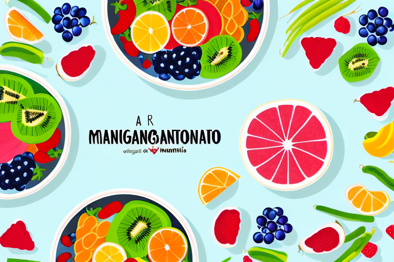a bowl of colorful fruits and vegetables with a manganato in the center, hand-drawn abstract illustration for a company blog, in style of corporate memphis, faded colors, white background, professional, minimalist, clean lines