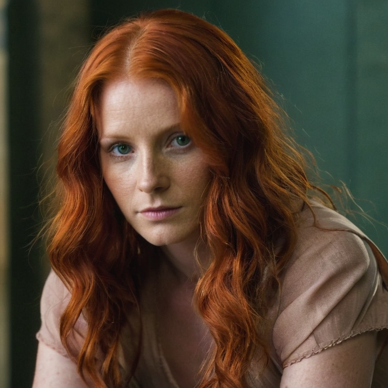 front shot, actor photo of a Red hair woman  looks at viewer, cinematic shot