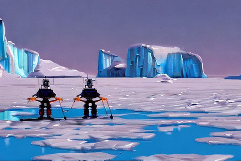 AI generated art representing "antarctica, melting ice caps, in the year 2084, futuristic, deserted land, robots."