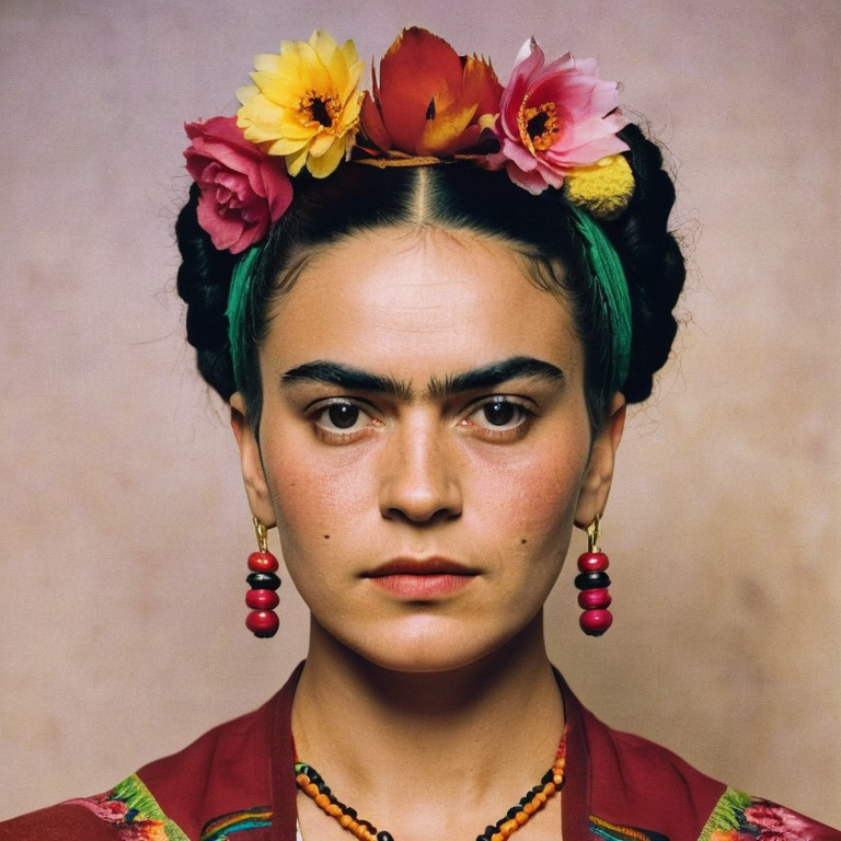 front shot, actor photo of a woman who looks like frida kahlo  looks at viewer, cinematic shot