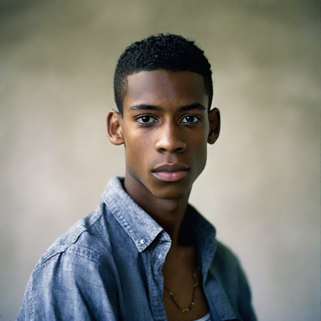 front shot, photo of Black hispanic male, skinny, approximately 5’8”, high school age  looks at viewer, cinematic sh