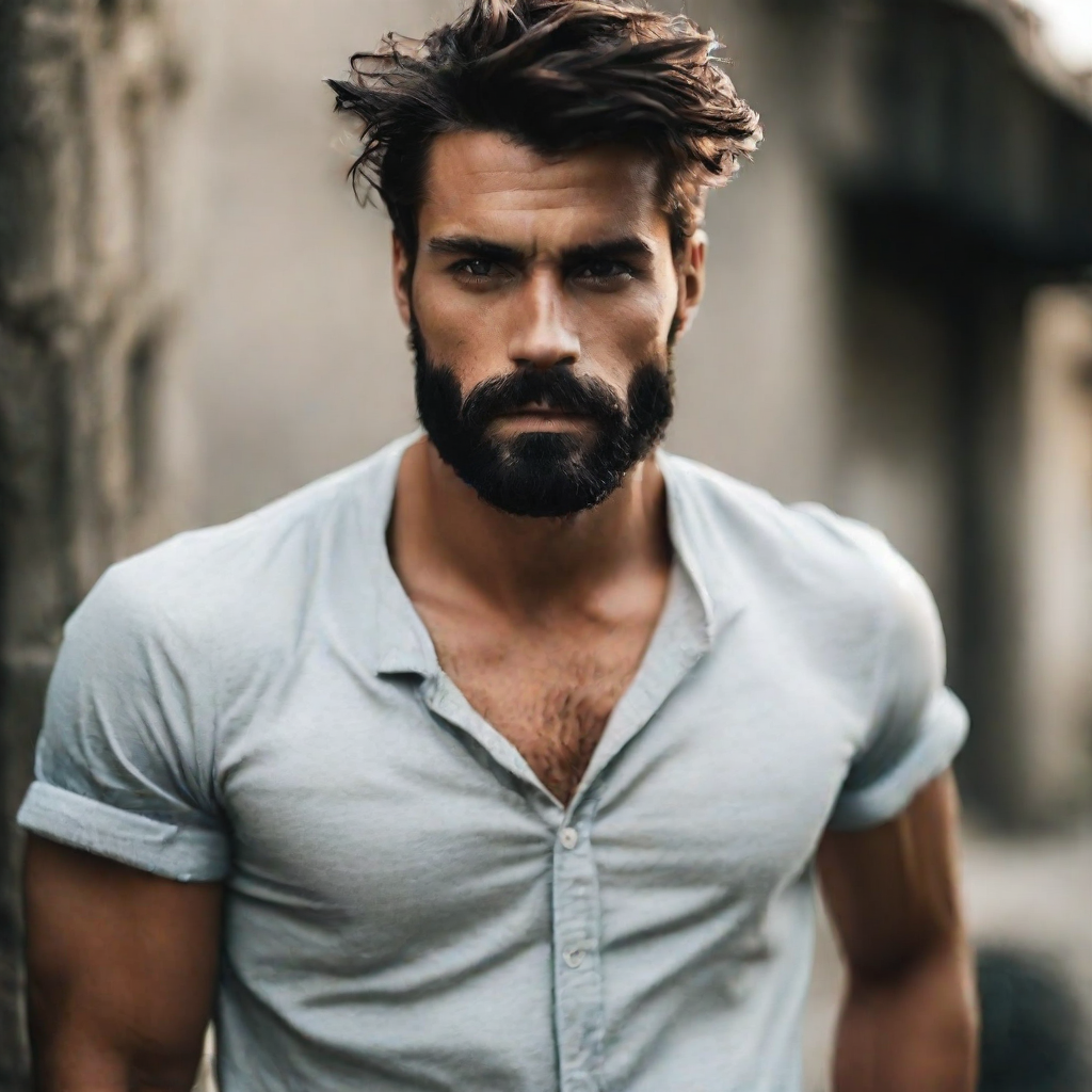 front shot, photo of a beautiful man looks at viewer, cinematic shot