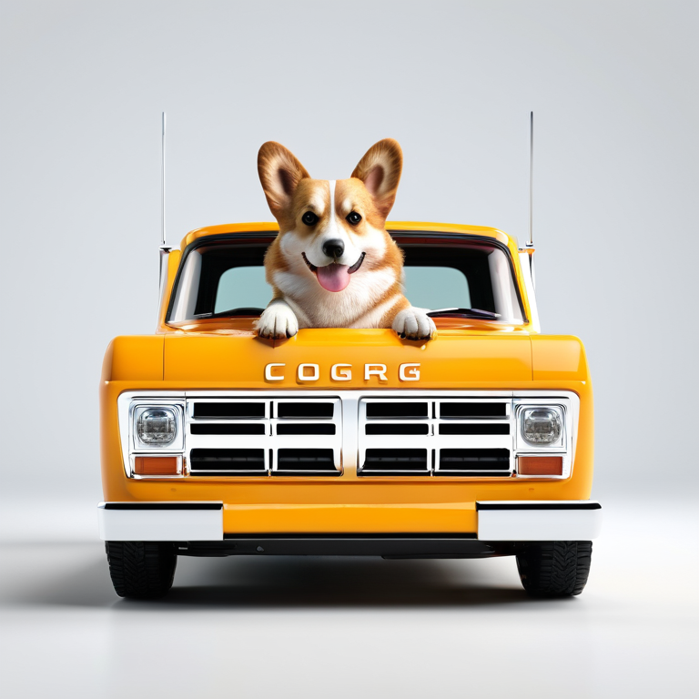 white background, front shot studio 3D render of super ute corgi, cinematic shot