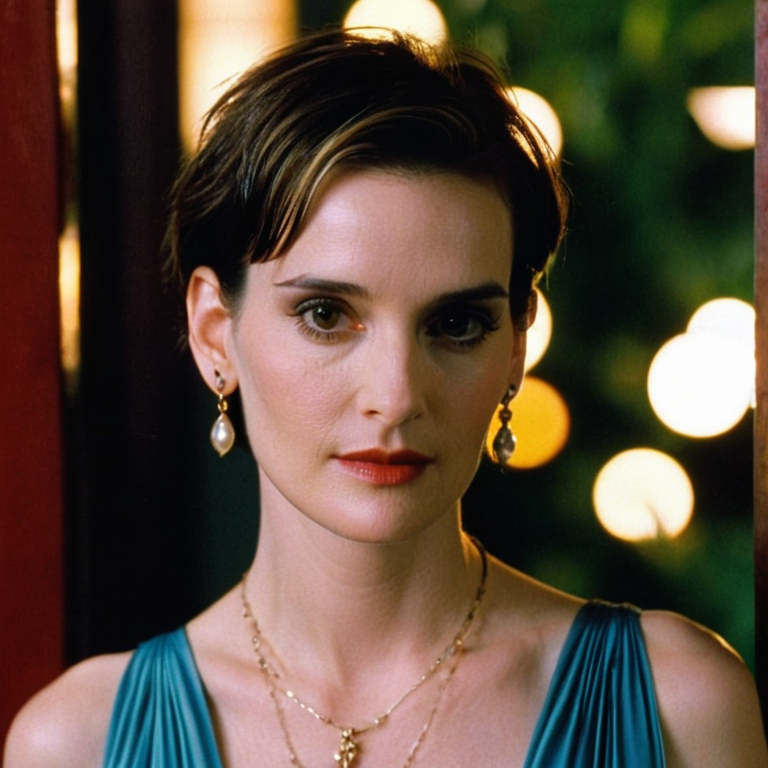 front shot, actor photo of a Winona Ryder  looks at viewer, cinematic shot