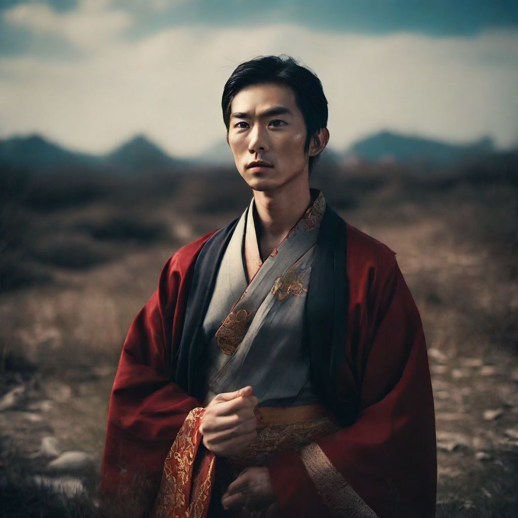 front shot, photo of Thin face Asian slanted eyes, man  looks at viewer, cinematic shot