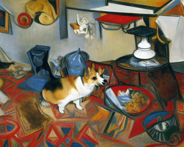 Corgi in messy living room  by Picasso by Rembrandt
