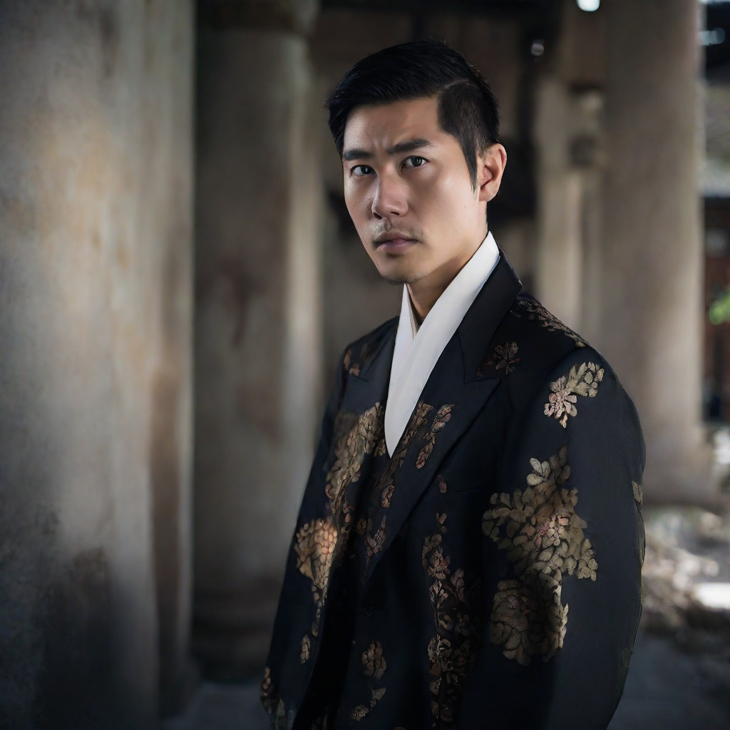 front shot, photo of asian looks at viewer, cinematic shot