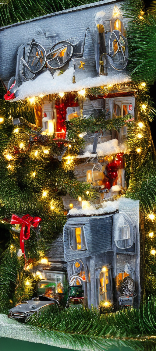 house  with car near xmas tree bird fox 