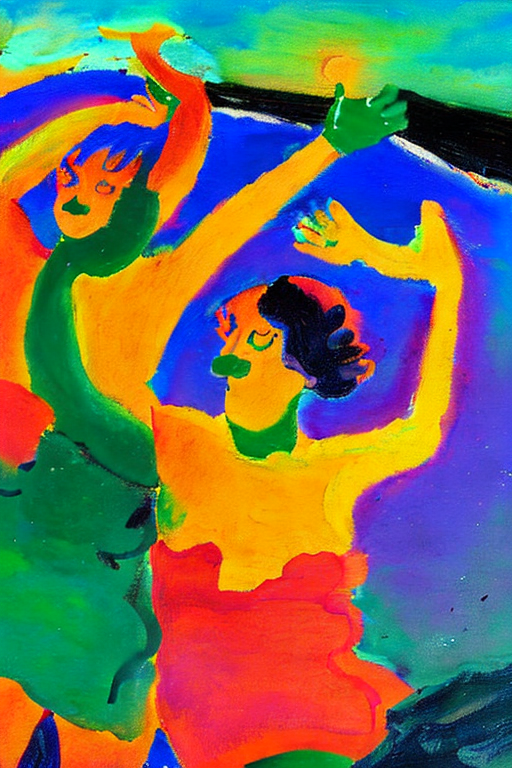 An AI generated image representing "The figures in Dance Around the Golden Calf by Emil Nolde are alive with movement, the vibrant brushwork creating a frenzied feel. The wild, distorted figures are lit by a fiery sunset, their silhouettes contrasted against the cool blues and greens of the beach. The scene is filled with a sense of chaotic energy, the bright colours and rough, abstracted shapes hinting at a passionate and unrestrained joy."