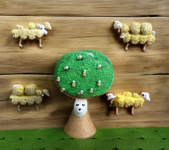 A lemon tree with a face surrounded by sheep