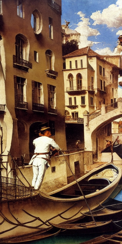 Man on Gondola in canal  by Salvador Dali by da Vinci by Norman Rockwell