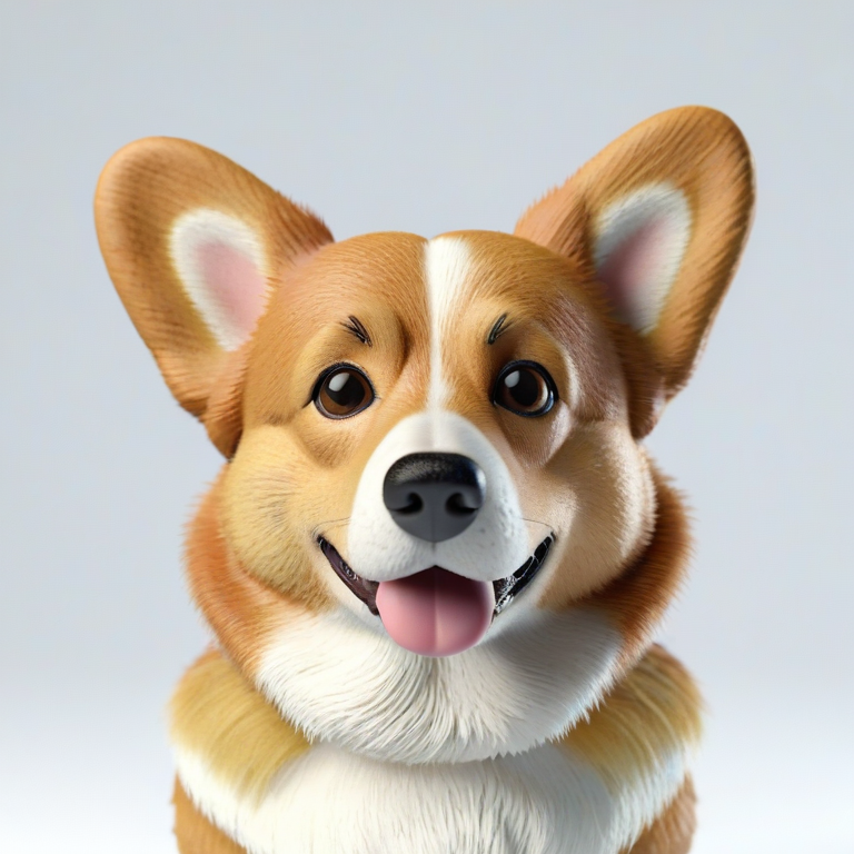 white background, front shot studio 3D render of corgi, cinematic shot