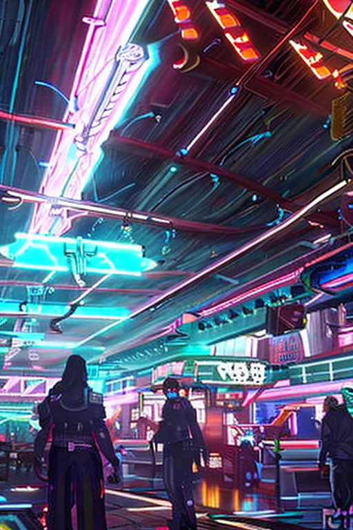 An AI generated image representing "A bustling cyberpunk marketplace filled with diverse vendors selling futuristic gadgets, exotic street food, and people with various cybernetic enhancements."