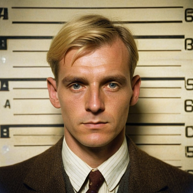 front shot, mugshot photo of a british gentleman, 30s, blonde, cleanshaven  looks at viewer, cinematic shot