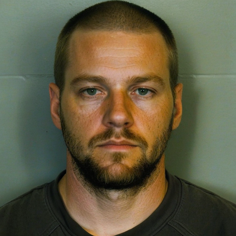 front shot, mugshot photo of a white man  looks at viewer, cinematic shot