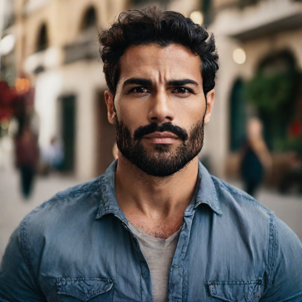 front shot, photo of 30 yo Hispanic man, strong jawline  looks at viewer, cinematic shot