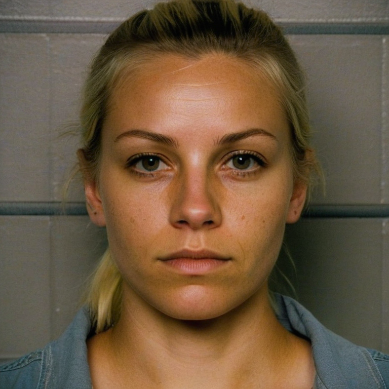 front shot, mugshot photo of a Blonde  looks at viewer, cinematic shot