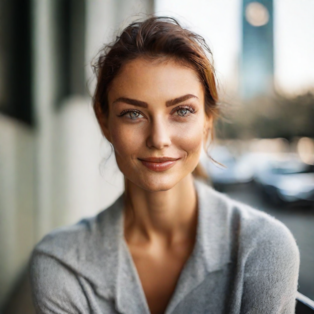 front shot, photo of sleek, modern figure with soft, welcoming features—friendly eyes that convey warmth and understan