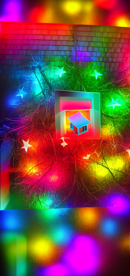 Colorful cube in corner with a lot of keys at night on a tree