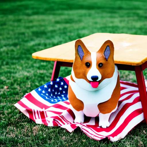 Patriotic picnic table with corgi's made of bread on plates