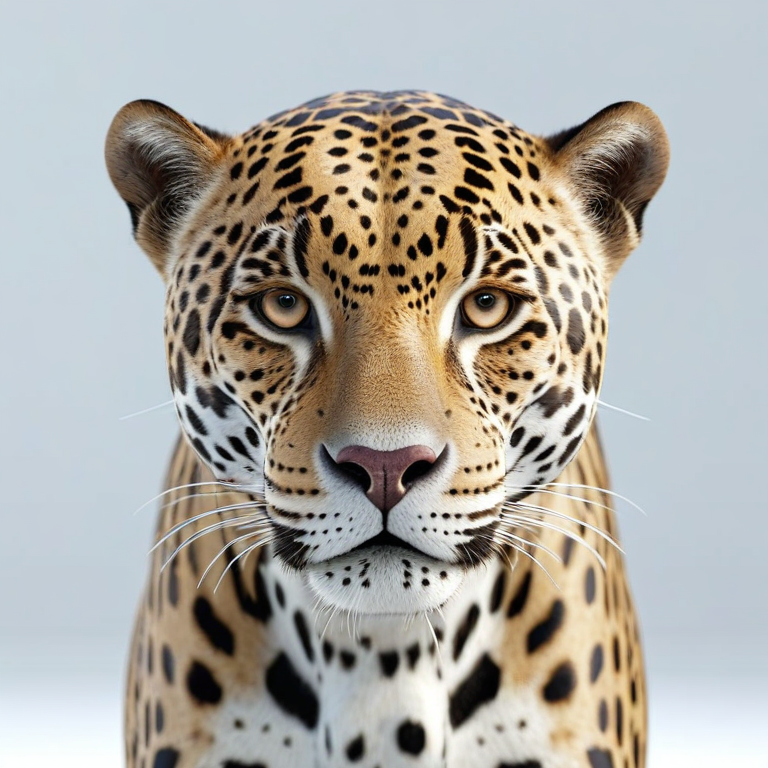 white background, front shot studio 3D render of jaguar, cinematic shot