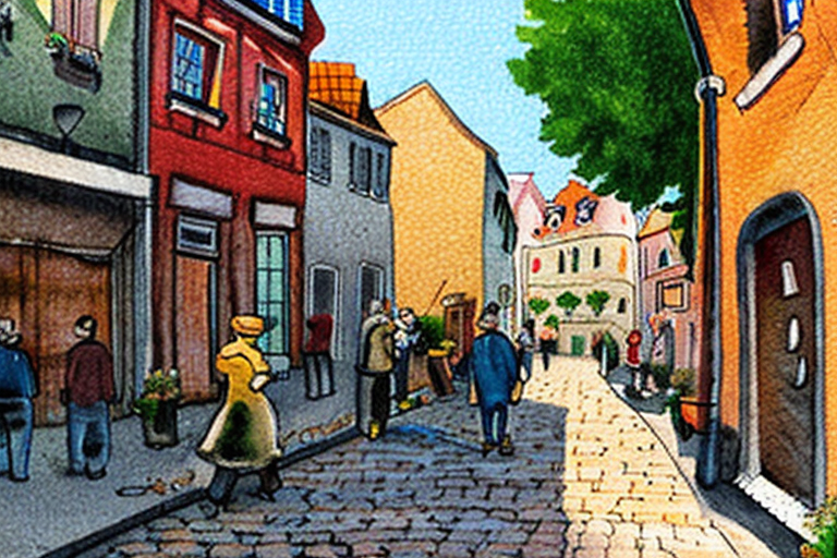 AI generated art representing "Create a charming watercolor of a narrow European street lined with colorful buildings, bustling cafes, and cobblestone roads, featuring a warm and inviting color palette of oranges, yellows, and reds."