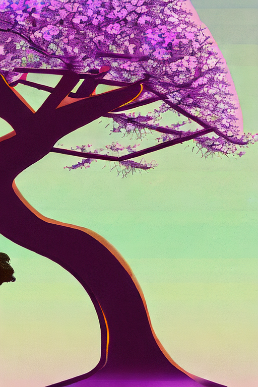 AI generated art representing "A bonsai tree stands alone in the centre of a graphic design print, illuminated by a beam of light from a minimalist colour sky. The illustration captures a sense of serene beauty, with subtle tones of pastel hues, cool shadows, and a faint hint of a blossoming cherry blossom."
