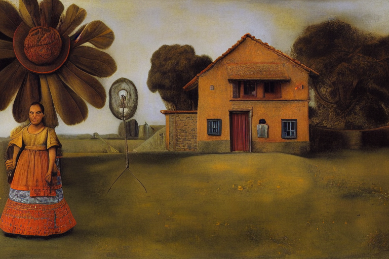 A person standing in front of a house on a sunny day by Rembrandt by Frida Kahlo