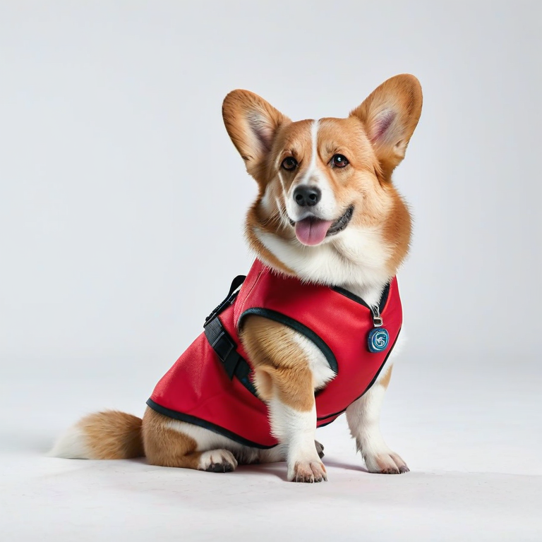 white background, front shot studio 3D render of cute corgi with red service dog vest, cinematic shot