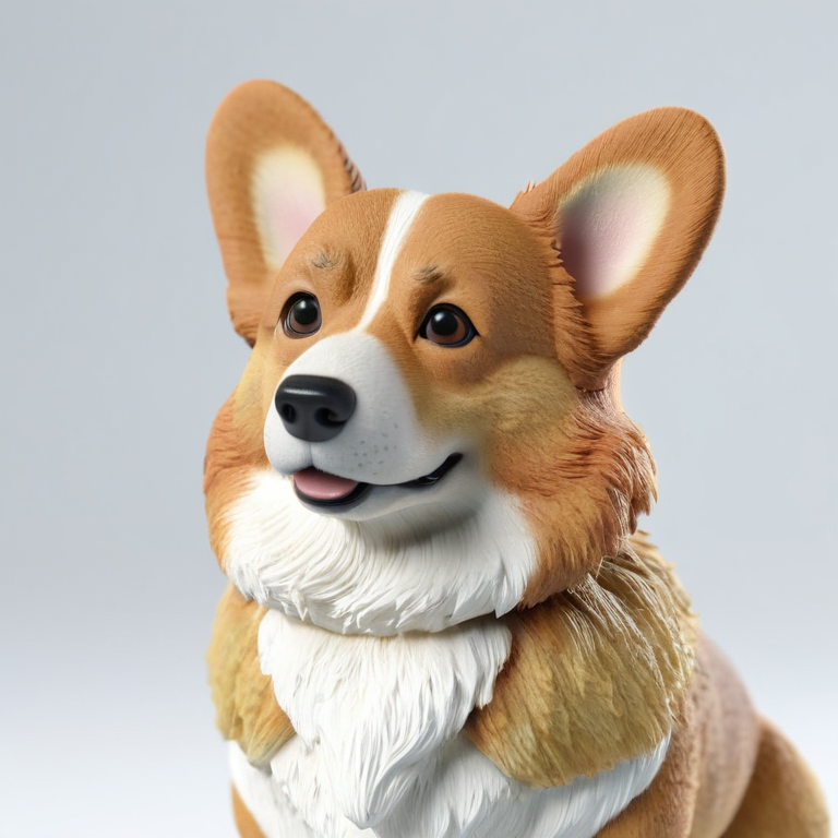 white background, front shot studio 3D render of corgi, cinematic shot