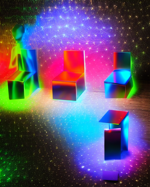 Holographic person sitting on plywood chair