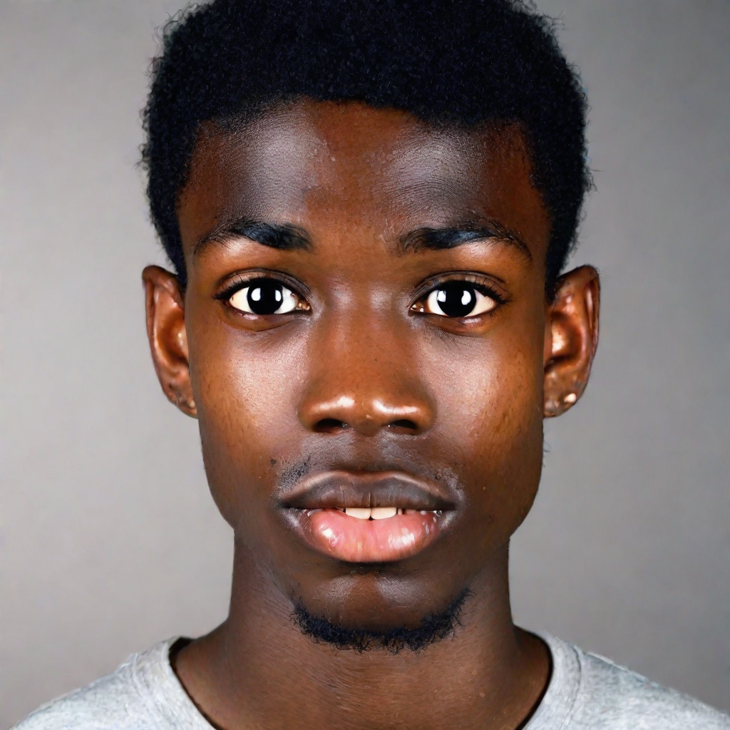 front shot, photo of Black male, skinny, approximately 5’8”, high school age 17 pimples, bigger nose  looks at viewe