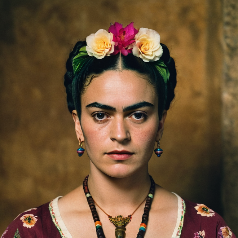 front shot, actor photo of a woman who looks like frida kahlo  looks at viewer, cinematic shot