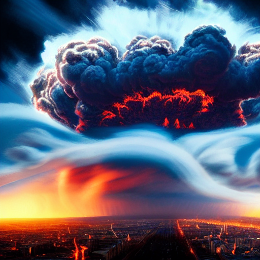 giant glowing atomic explosion clouds, nuclear war, erupting over metropolis, horror, terrifying, hyperdetailed, dynamic lighting, 8K resolution, wide-angle lens, sharp focus, IMAX, firey