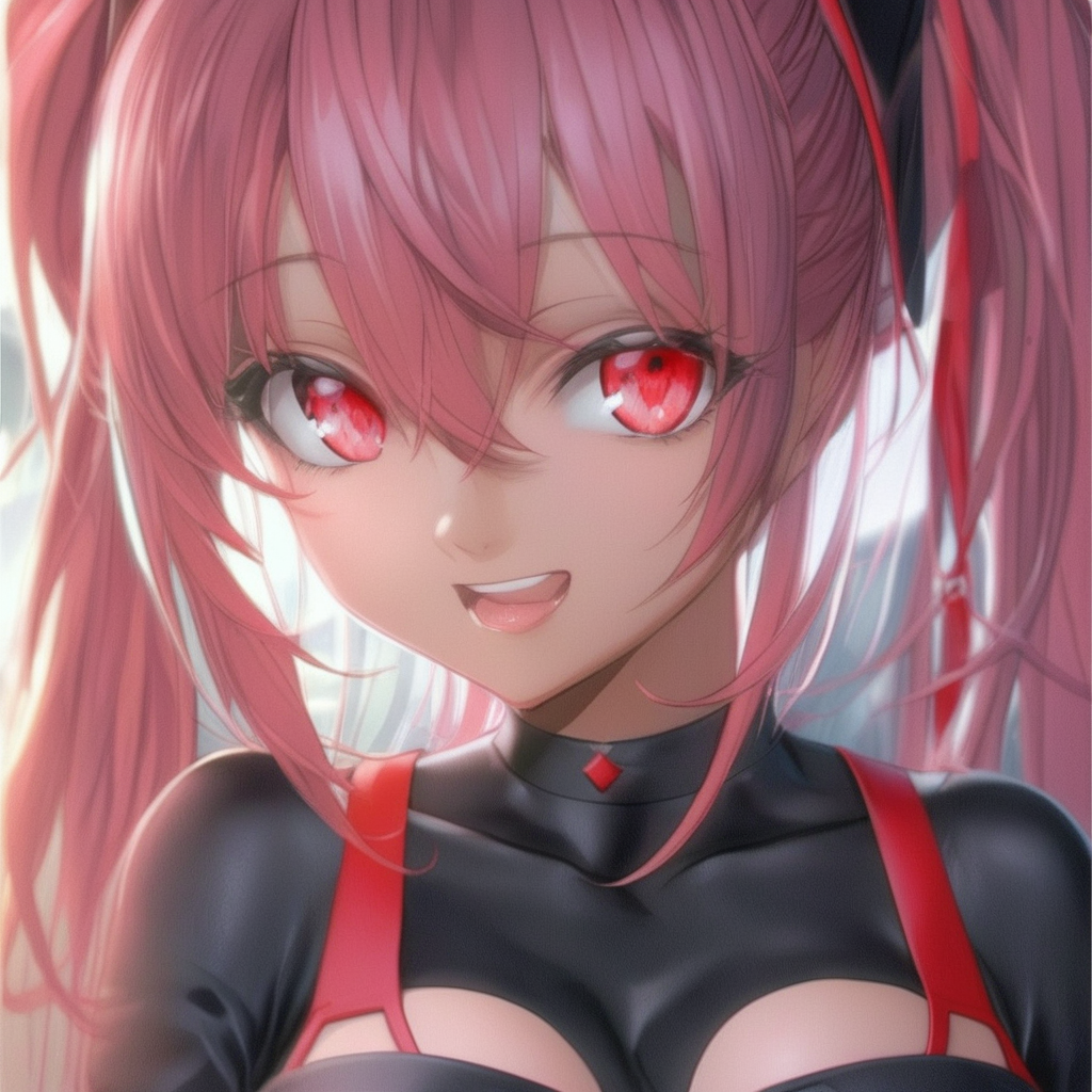 She is in a black outfit with ponytails and a big booty and boobs has red eyes and Hair, realistic, HD color photograph
