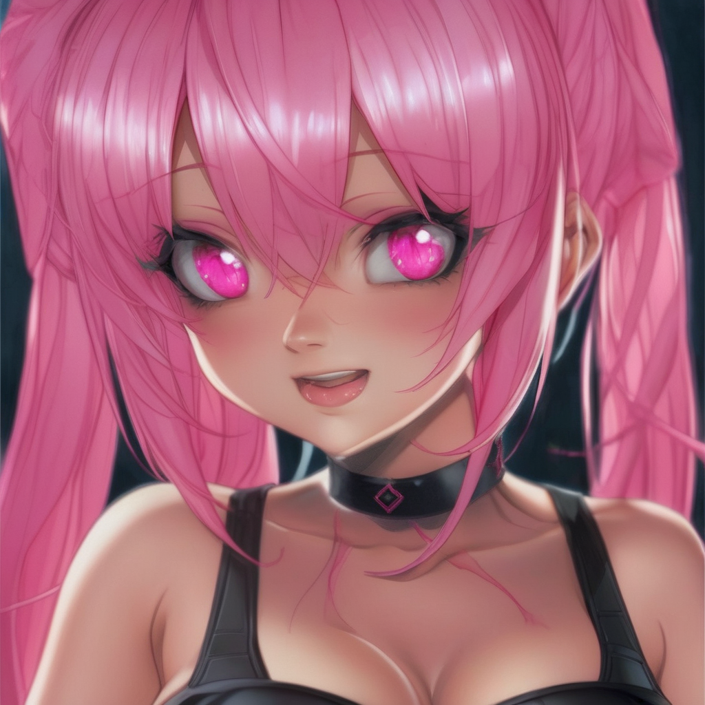 She is in a black outfit with ponytails and a big booty and boobs has pink eyes and Pink Hair, realistic, HD color photo