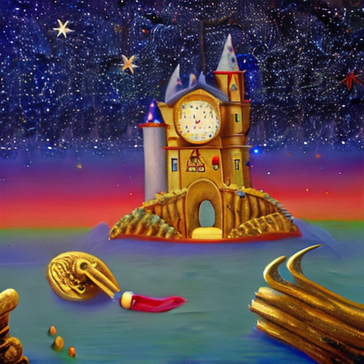 AI generated art representing "A surreal and mysterious landscape of a blue ocean, a majestic castle, a clock that seems to stand still and a majestic unicorn, all under a star-filled night sky. The painting is full of surrealist touches, with hints of mystery and fantasy, vibrant colours, surreal lighting, and a dreamlike atmosphere."