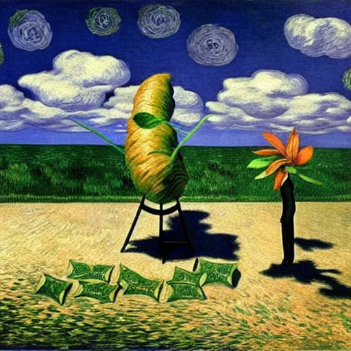 A person standing on top of a lot of money next to a large flower by Rene Magritte surrealist by Vincent van Gogh
