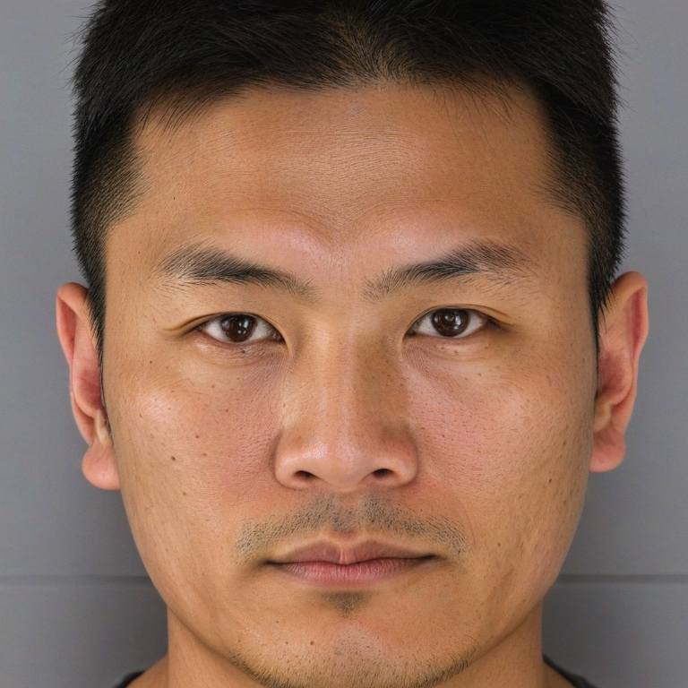 front shot, mugshot photo of a asian  looks at viewer, cinematic shot