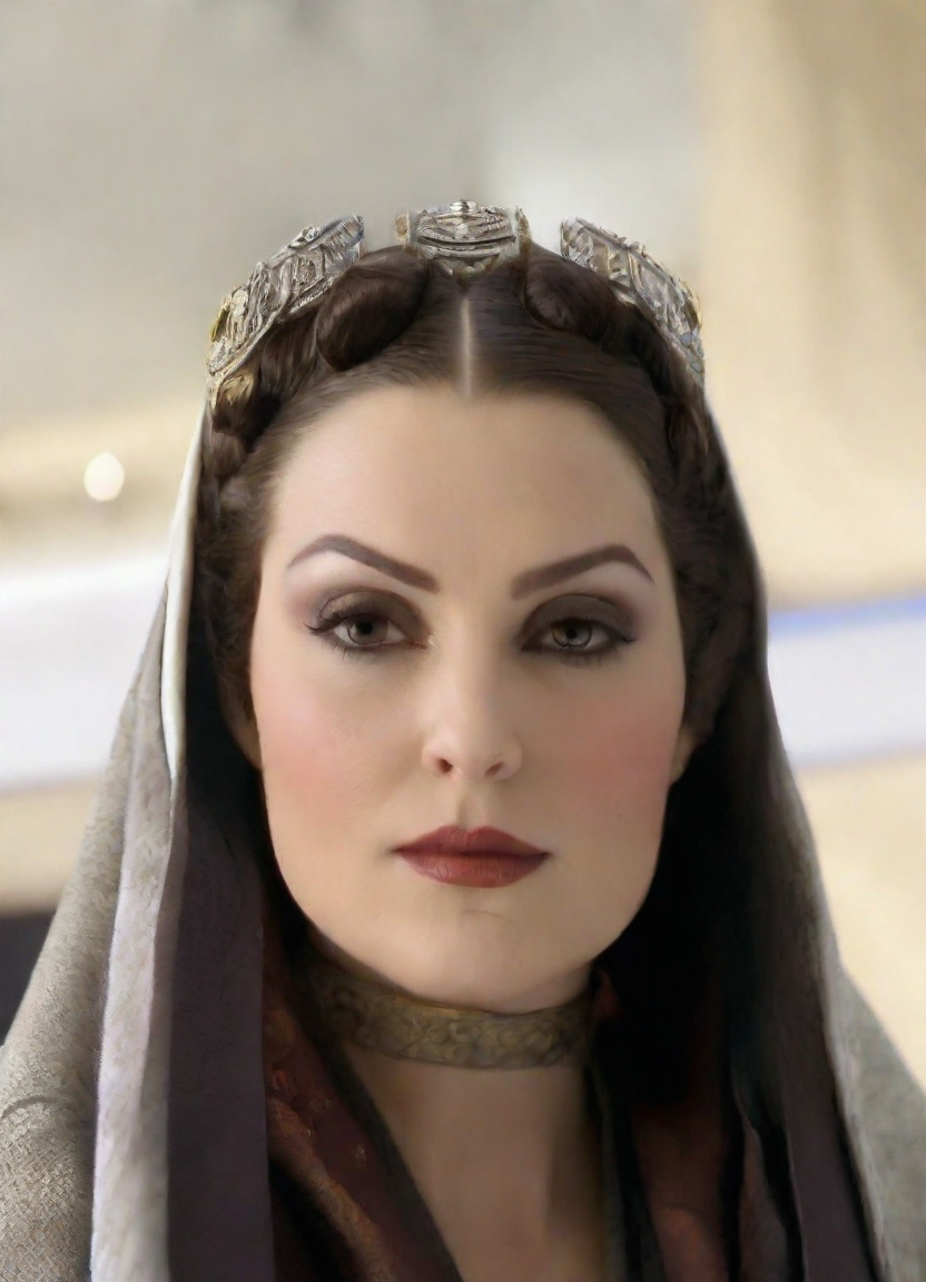 front shot, photo of Amidala looks at viewer, cinematic shot