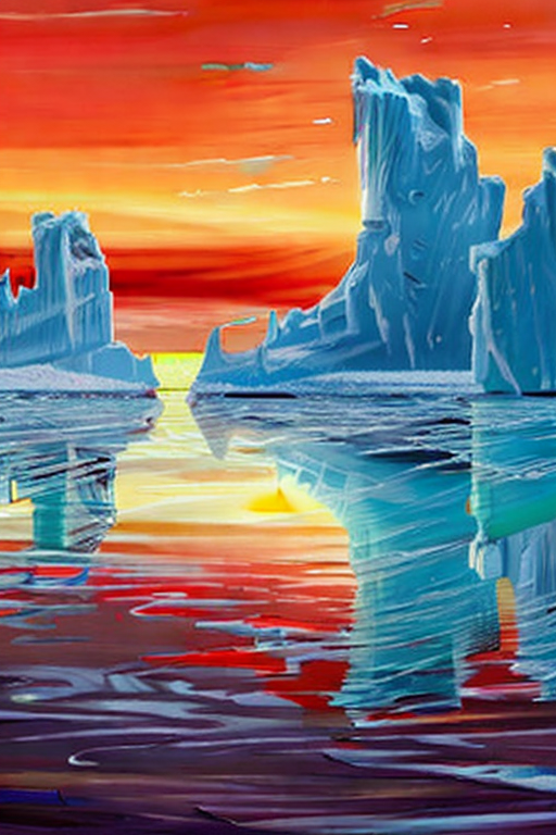 AI generated art representing "robots travel to Antarctica, at dawn, to investigate melting ice caps and flooding, hope is in the air, the year is 2084, deserted land, futuristic."