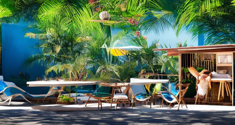 Paisagem asiática com árvores uma cabana e um homem no a jangada num rio