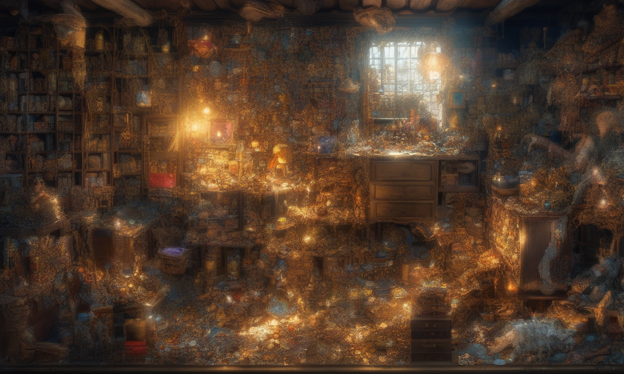 junk hoarder, brightly lit room, full of treasures, dragons, diamonds, gold coins