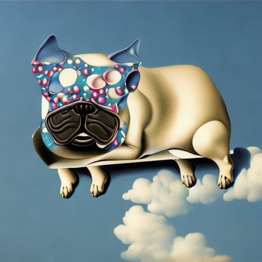 A fun colored French bulldog by Rene Magritte surrealist