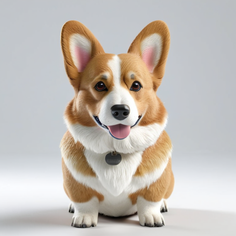 white background, front shot studio 3D render of corgi, cinematic shot