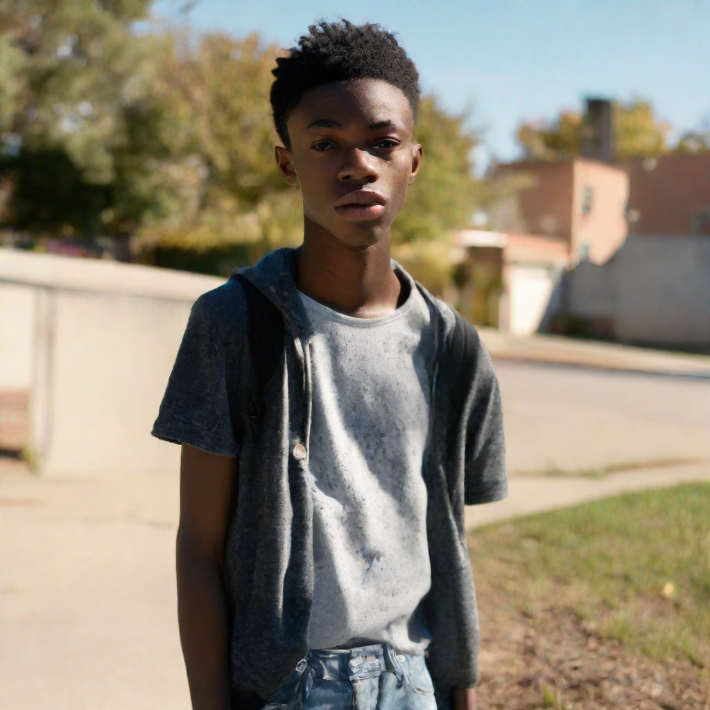 front shot, photo of Black male, skinny, approximately 5’8”, high school age 17 pimples  looks at viewer, cinematic 