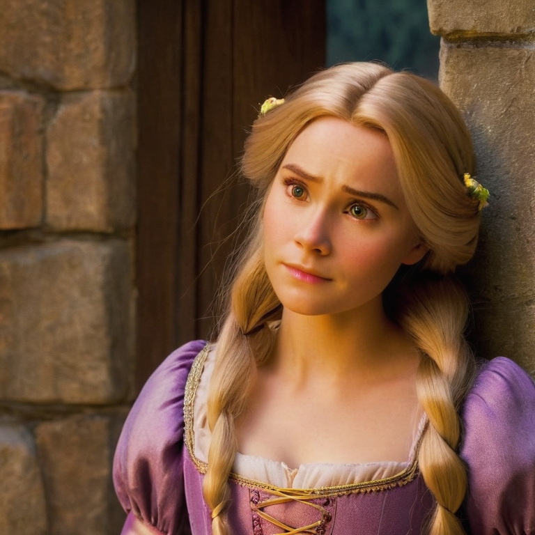 front shot, actor photo of a Rapunzel  looks at viewer, cinematic shot