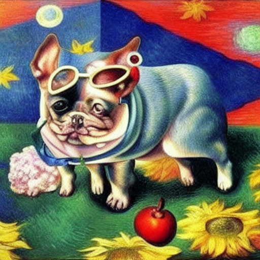 A fun colored French bulldog by Rene Magritte surrealist by Vincent van Gogh by da Vinci