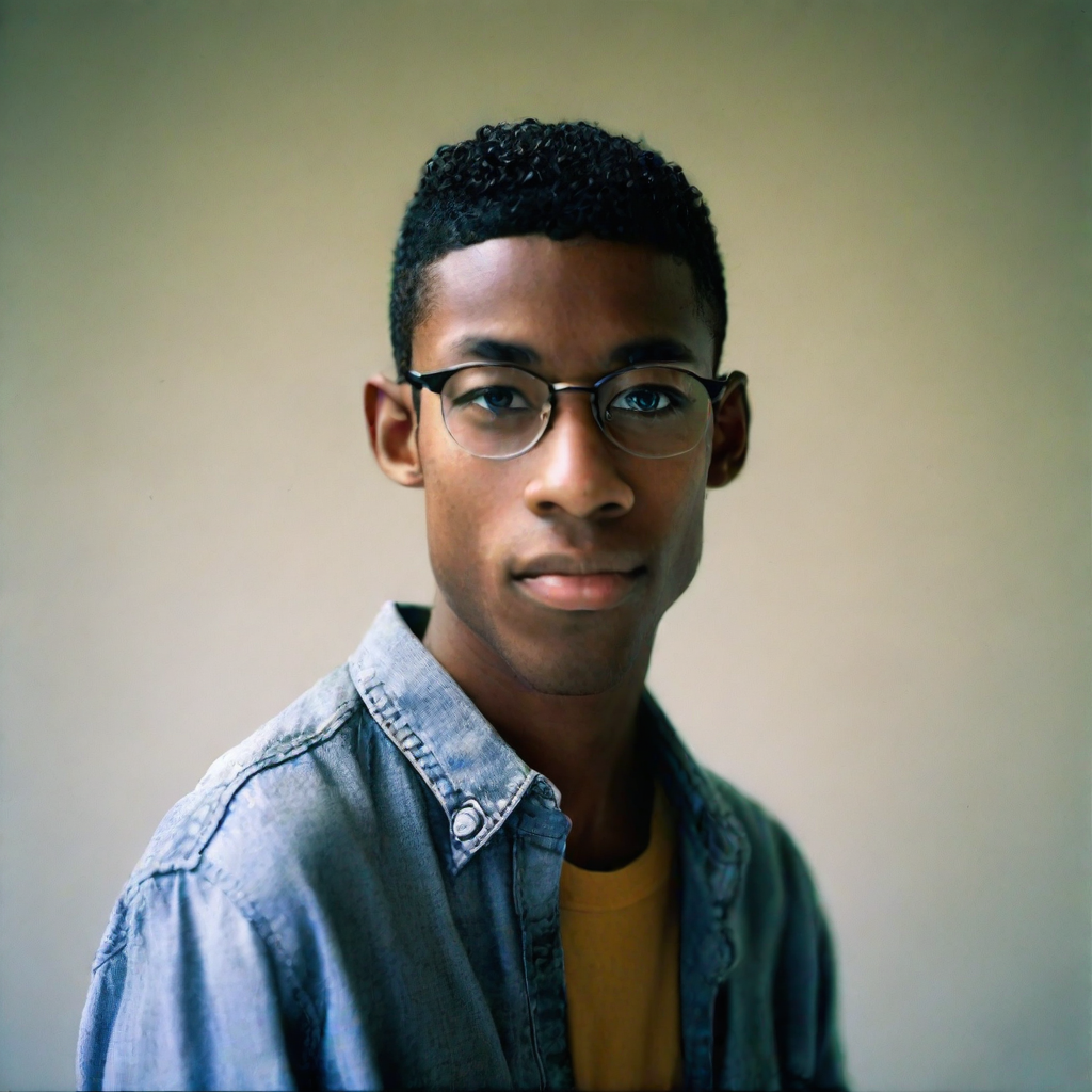 front shot, photo of Black hispanic male, skinny, approximately 5’8”, high school age, glasses  looks at viewer, cin